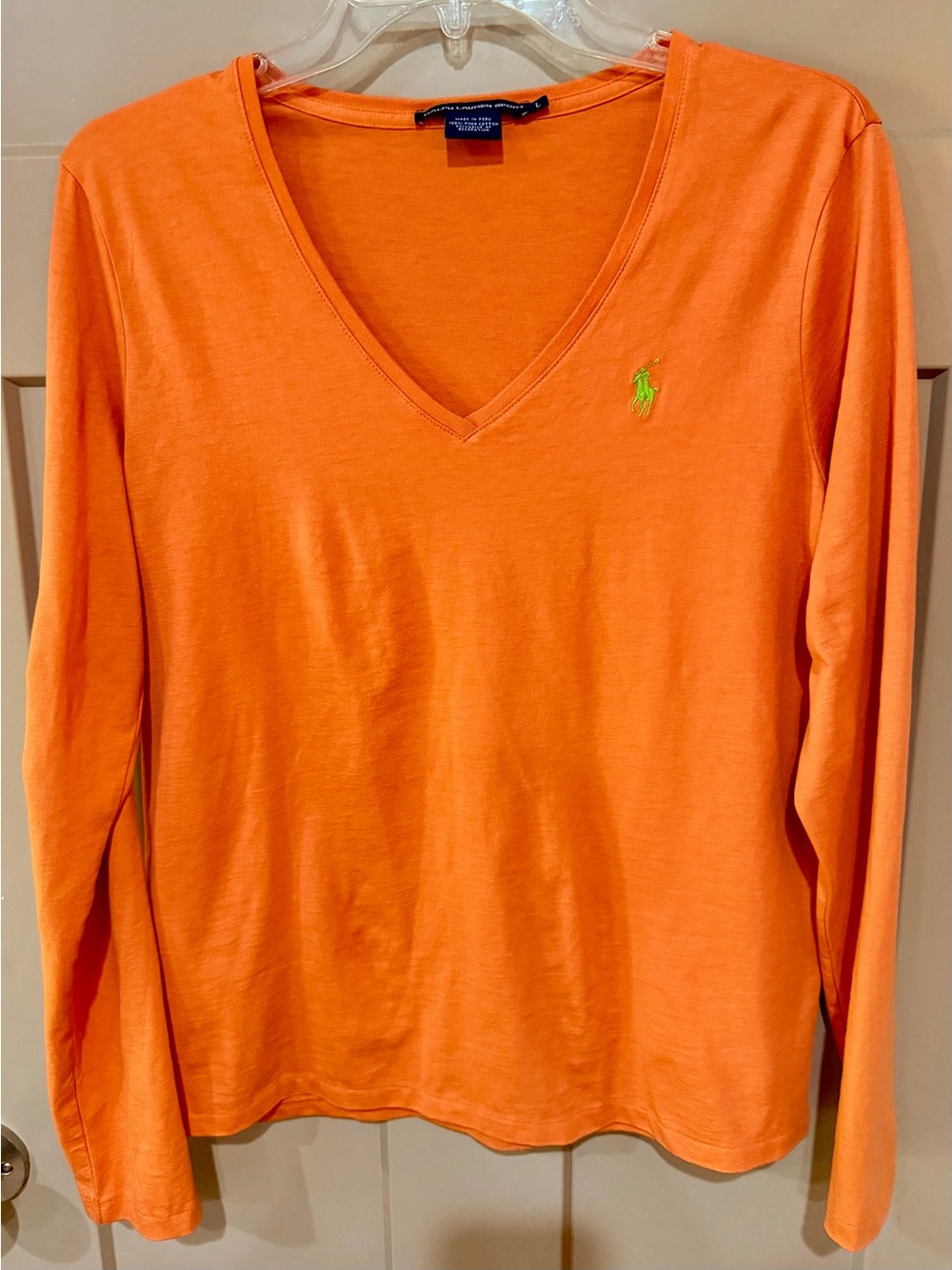 Ralph Lauren Orange V-Neck Long Sleeve Tee with Lime Pony